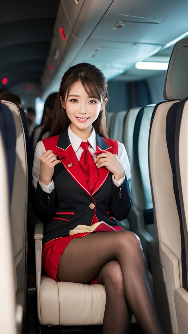 highest quality、table top、8k、best image quality、Award-winning work)、one beautiful woman、radiant beautiful skin , masterpiece、top-quality、The ultra -The high-definition、depth of fields、lens flare 1 girl、、brown hair、watching at viewers glares, large breasts , stewardess uniform, (crimson stewardess blazer:1.2), black short skirt, (black ysl high heels), perfect legs, sitting , crossed legs, view from below, smiling , flight cabin, pantyhose