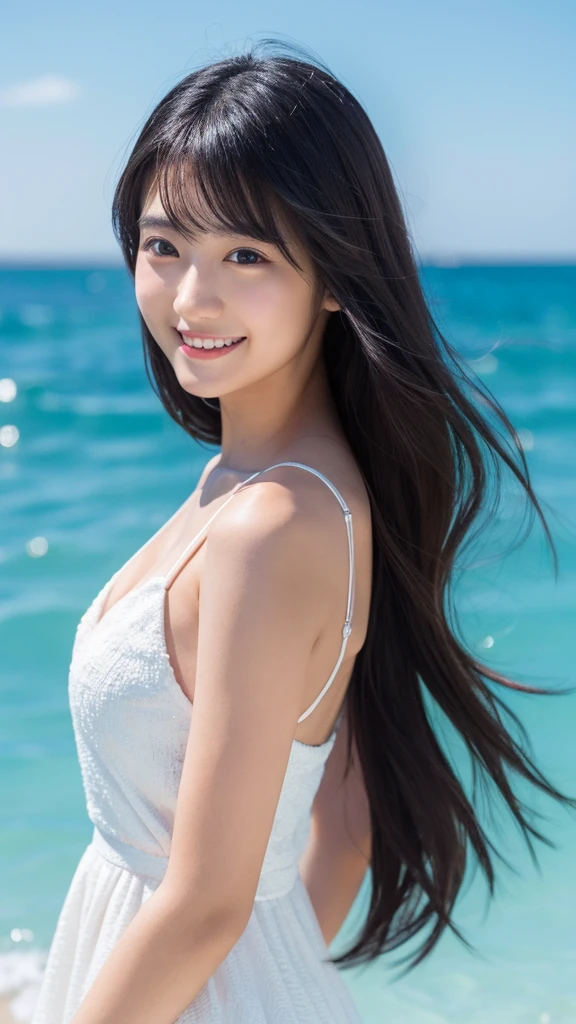 8k,19 year old girl,beautiful face,symmetry,close-up image of face,smile,one person,live-action,white dress,black hair,long hair,beach