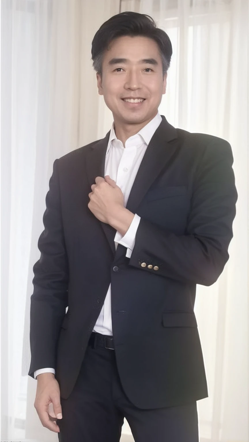 40-year-old male, Soft headlights,High-density imaging,(Clean and delicate face),((Black suit)),((Various dynamic poses)),((((Half-length photo)))),((Smile)),((White curtains in the background)),best quality,masterpiece,(Soft colors:1.2)