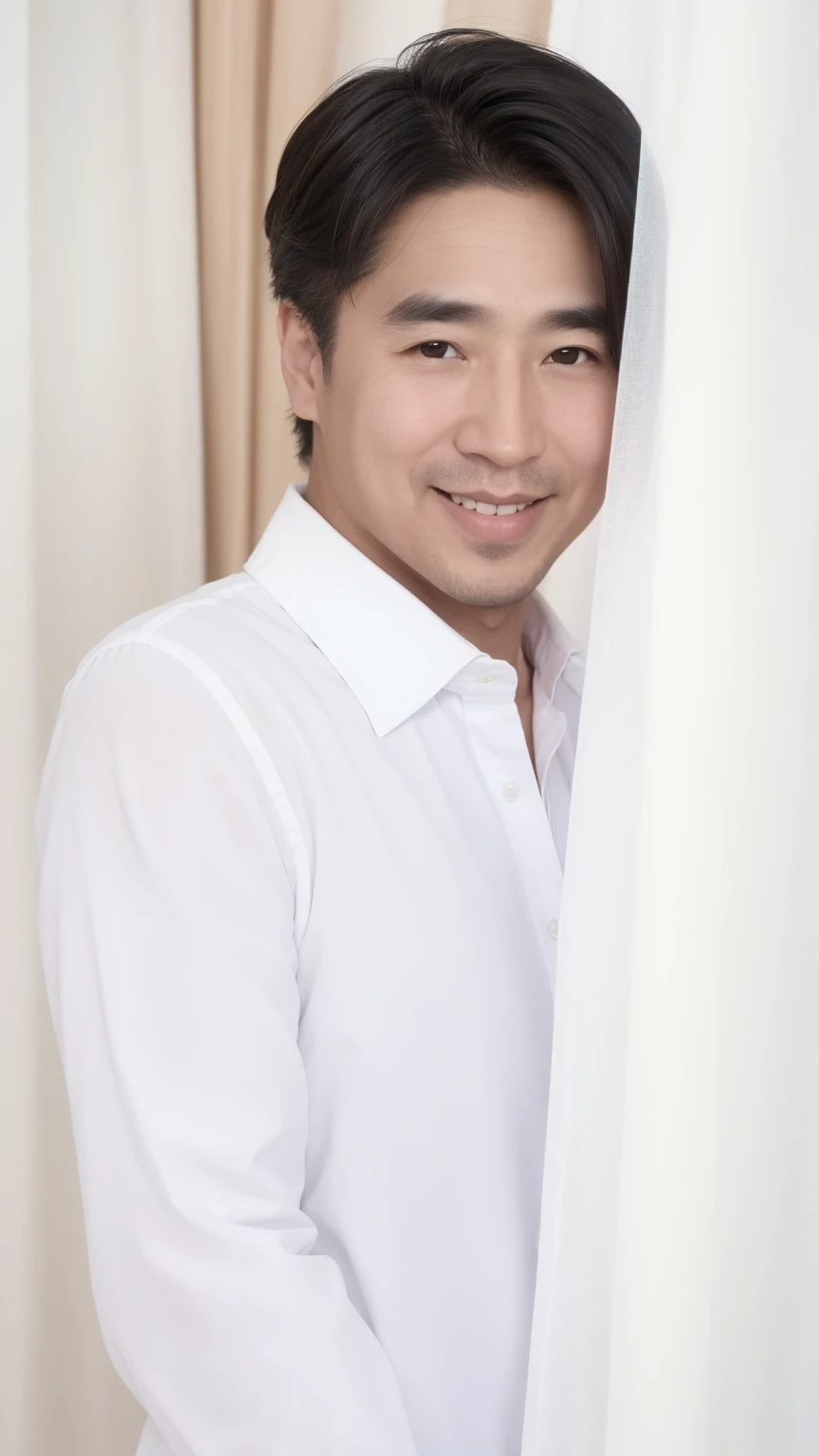 40-year-old male, Soft headlights,High-density imaging,(Clean and delicate face),((Black suit)),((Various dynamic poses)),((((Half-length photo)))),((Smile)),((White curtains in the background)),best quality,masterpiece,(Soft colors:1.2)