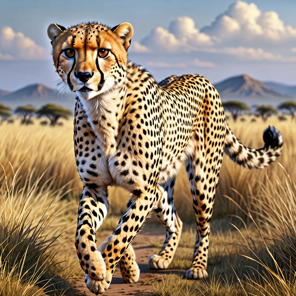 Galloping cheetah, ((realistic, masterpiece, Best Quality, 8K, high resolution:1.3)), photorealistic, ultra detailed fur, savanna,