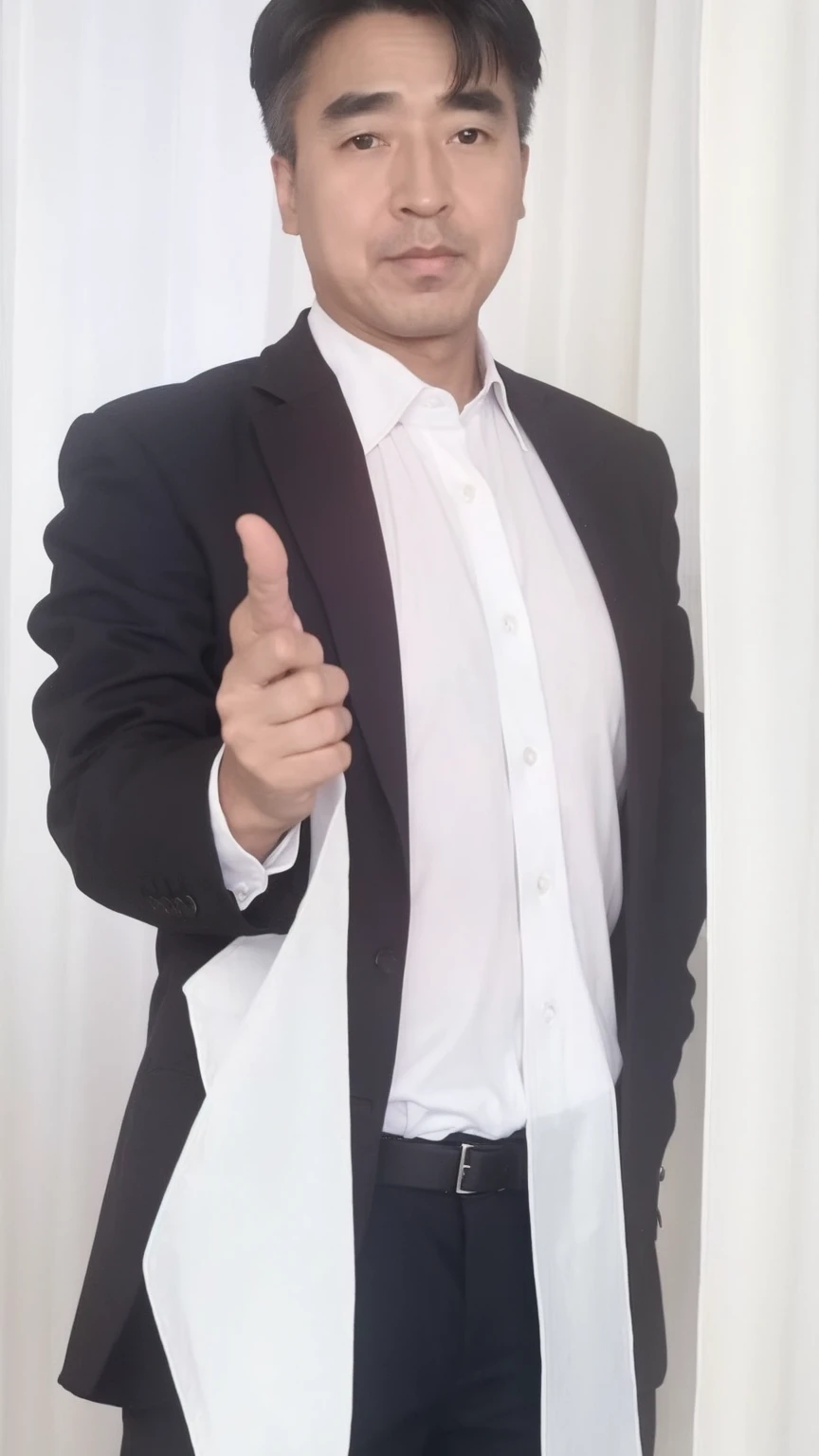 40-year-old male, Soft headlights,High-density imaging,(Clean and delicate face),((Black suit)),((Various dynamic poses)),((((Half-length photo)))),((White curtains in the background)),best quality,masterpiece,(Soft colors:1.2)