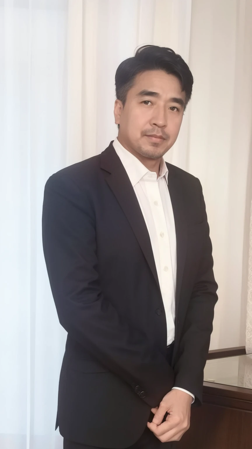 40-year-old male, Soft headlights,High-density imaging,(Clean and delicate face),((Black suit)),((Various dynamic poses)),((((Half-length photo)))),((White curtains in the background)),best quality,masterpiece,(Soft colors:1.2)