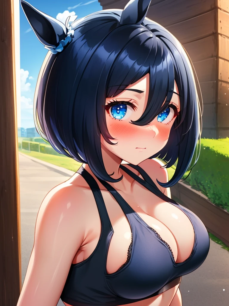 masterpiece, best quality, extremely detailed, (((eishin flash,))) (((umamusume,))) 1 girl, young, cute face, (((blush,))) (((black hair,))) medium hair, blue eyes, (huge breasts,) beautiful detailed blue eyes, white skin, (((gleaming skin,))) (((oil,))) (((gleaming skin,))) (((glistening skin,))) ((embarrassed,)) (((black bra,))) (((black underwear,))) (((horse ear,))) closed mouth, hairs between eyes, ((parted bangs,)) ((bob cut,)) full body,