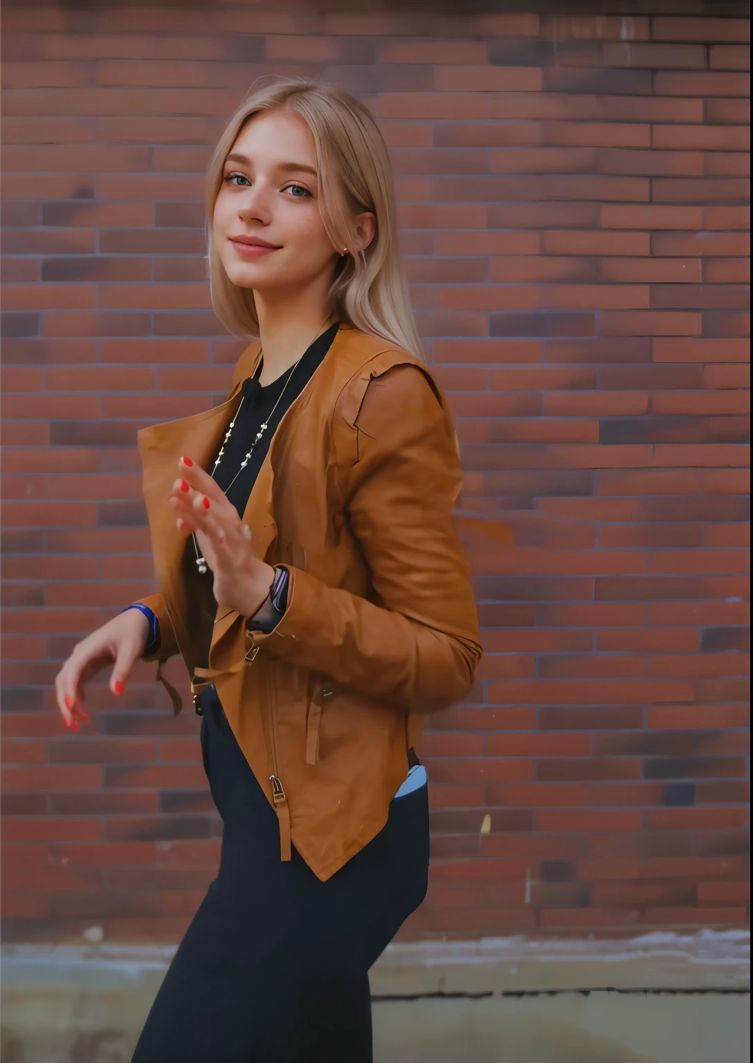 a one woman, americana, age 25, pale skin and freckles, grey-eyed, delicate nose, soft and delicate lips, distant, cabelo blondie distant e ondulado na altura da cintura, Sweet smile, face with delicate feminine facial features, highly rendered