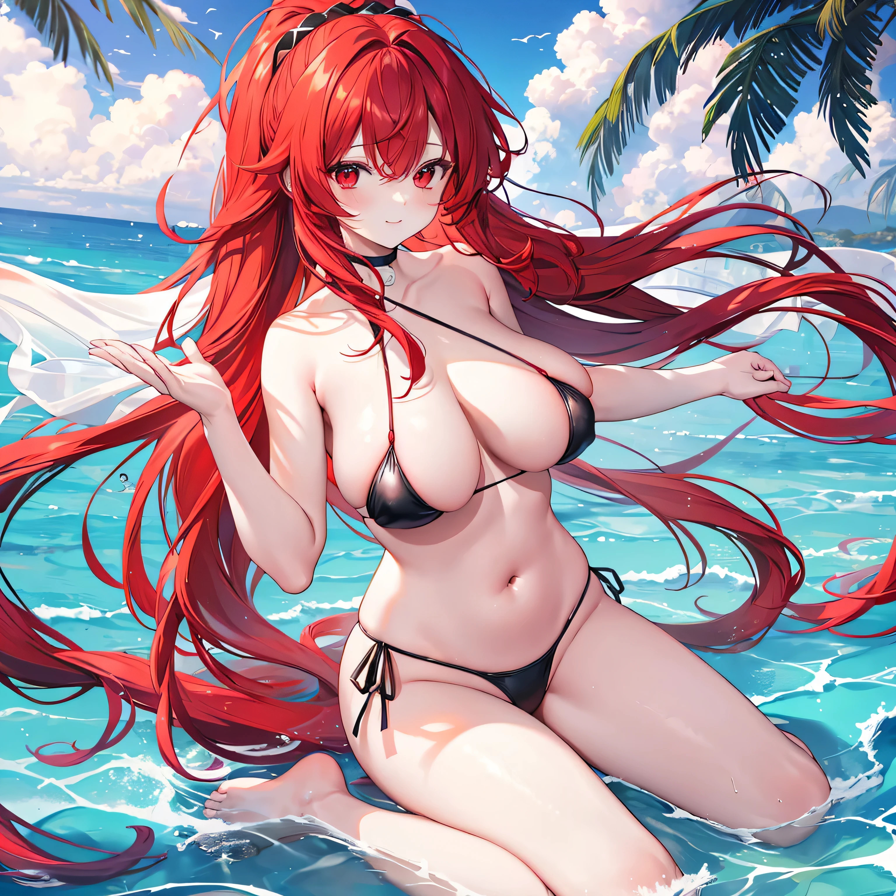 (One Girl)、Flat Color、Red color hair、long hair、Hair between the eyes、(Big Breasts、Huge breasts)、Blue Eyes、(Completely naked、Large areola、Nipples、pubic hair、Pubic hair)、Sexy pose、Smiling、Lie on your back on the sandy beach、Angle from above、