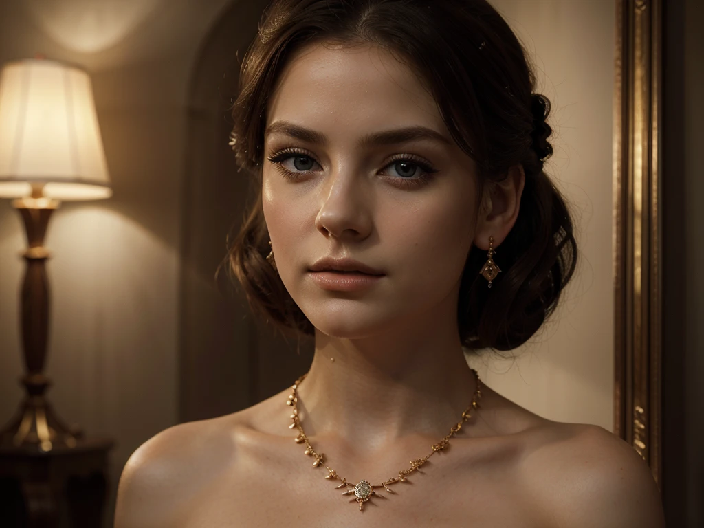 A chiaroscuro portrait of a woman, beautiful detailed eyes, beautiful detailed lips, extremely detailed eyes and face, long eyelashes, porcelain skin, elegant hairstyle, intricate jewelry, dramatic lighting, Renaissance style, dramatic shadows, warm golden tones, dramatic chiaroscuro lighting, ultra-detailed, 8k, photorealistic, masterpiece, cinematic, dramatic atmosphere, elegant and regal