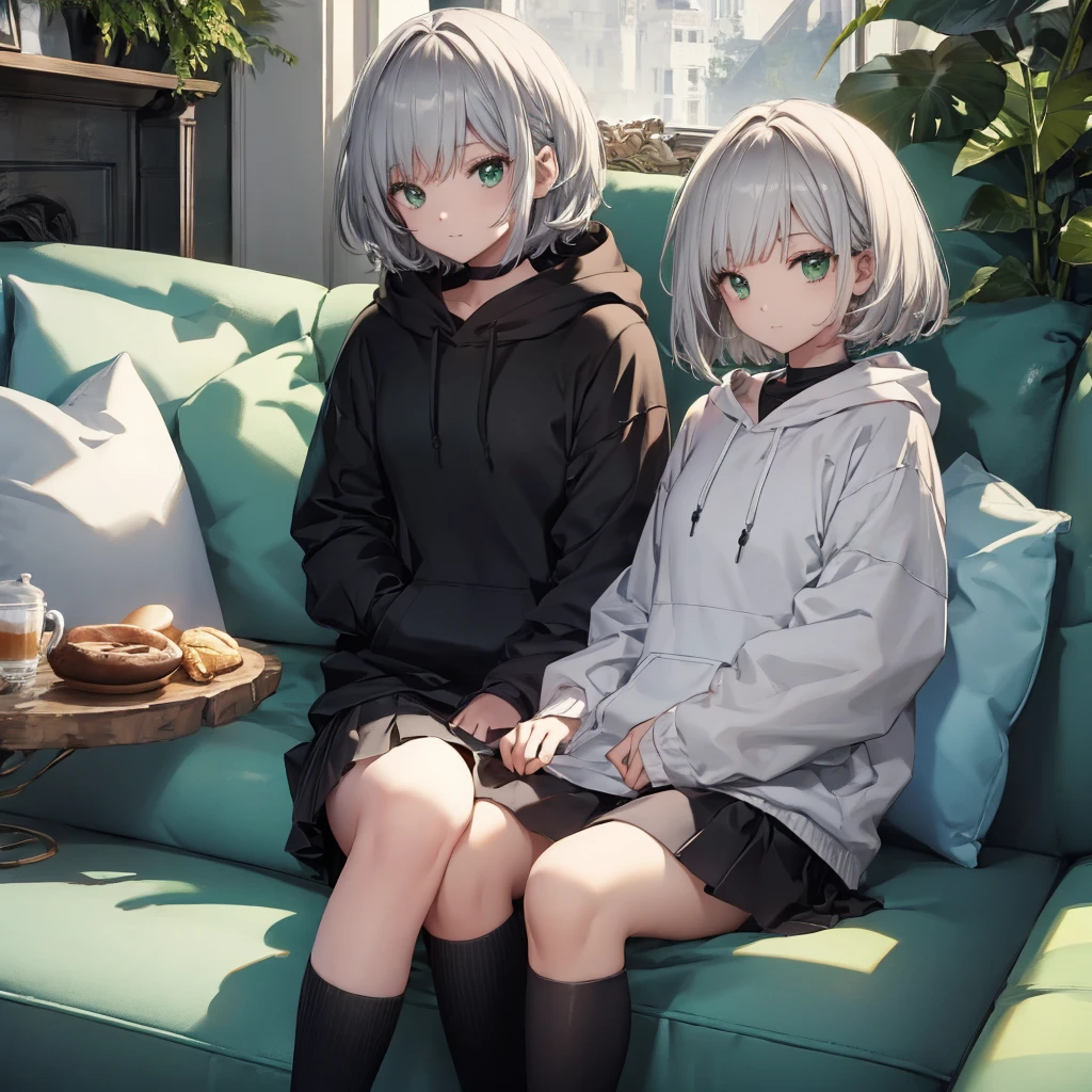 (((1 person Gray Hair Sit on the sofa Crossing your legs))) ((High resolution short hair hoodie Black Skirt Rin々Funny face)) ((greenい目 Close-up)) ((green Asahi Shining Aura Catch the wind Drink coffee)) (smile Bathed in light) Shining Background Shining Edge