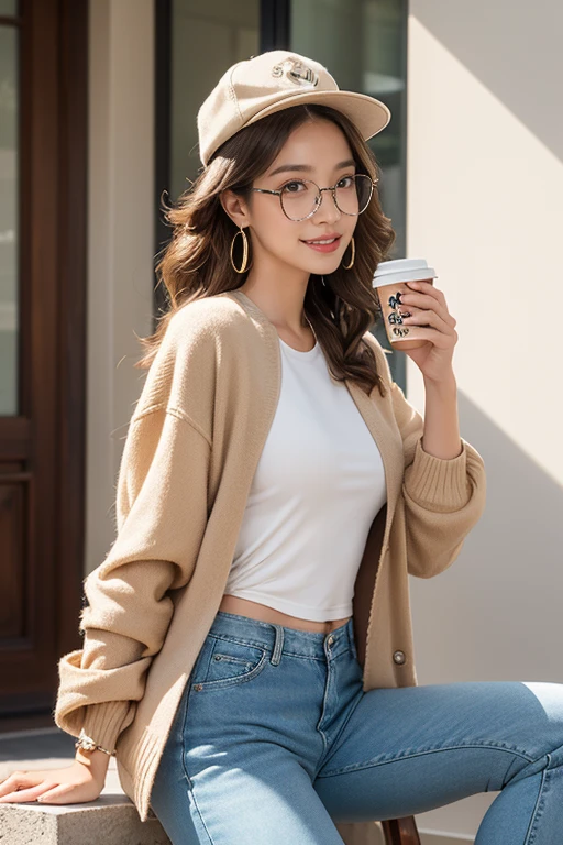 highest quality、4K、Perfect Face、Perfect Style、perfect body、Sunburn、beautiful lady、mature、long layer brown hair、Swept-back hair、full body, sexy 、charming、healthy、of the highest quality、8K、realistic photo, highest quality、4K、Perfect Face、Perfect Style、perfect body、Sunburn、beautiful lady、mature、long curly layer brown hair、Swept-back hair、sexy 、charming、healthy、smile、
Generate a hyper-realistic image of a beautiful woman. She has a radiant and cheerful expression, highlighted by natural lighting. She is sitting on a modern stool, wearing a light denim jacket over a beige sweater draped around her shoulders, and white, high-waisted, relaxed-fit pants. Her accessories include a tan cap, large hoop earrings, and round glasses. She is holding a coffee cup in one hand and has a beige and tan leather handbag with a gold buckle slung over her shoulder. Her look is completed with gold bangles and tan sandals. Ensure the background is bright and modern, enhancing the overall vibrant and stylish atmosphere.