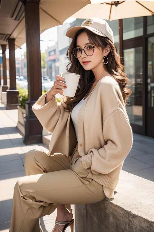 highest quality、4K、Perfect Face、Perfect Style、perfect body、Sunburn、beautiful lady、mature、long layer brown hair、Swept-back hair、full body, sexy 、charming、healthy、of the highest quality、8K、realistic photo, highest quality、4K、Perfect Face、Perfect Style、perfect body、Sunburn、beautiful lady、mature、long curly layer brown hair、Swept-back hair、sexy 、charming、healthy、smile、
Generate a hyper-realistic image of a beautiful woman. She has a radiant and cheerful expression, highlighted by natural lighting. She is sitting on a modern stool, wearing a light denim jacket over a beige sweater draped around her shoulders, and white, high-waisted, relaxed-fit pants. Her accessories include a tan cap, large hoop earrings, and round glasses. She is holding a coffee cup in one hand and has a beige and tan leather handbag with a gold buckle slung over her shoulder. Her look is completed with gold bangles and tan sandals. Ensure the background is bright and modern, enhancing the overall vibrant and stylish atmosphere.