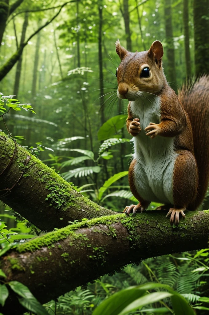 A lush green forest with trees and plants. Characters: A tiny, curious squirrel named Nutty. Caption: "Once upon a time, in a lush green forest, lived a tiny, curious squirrel named Nutty."