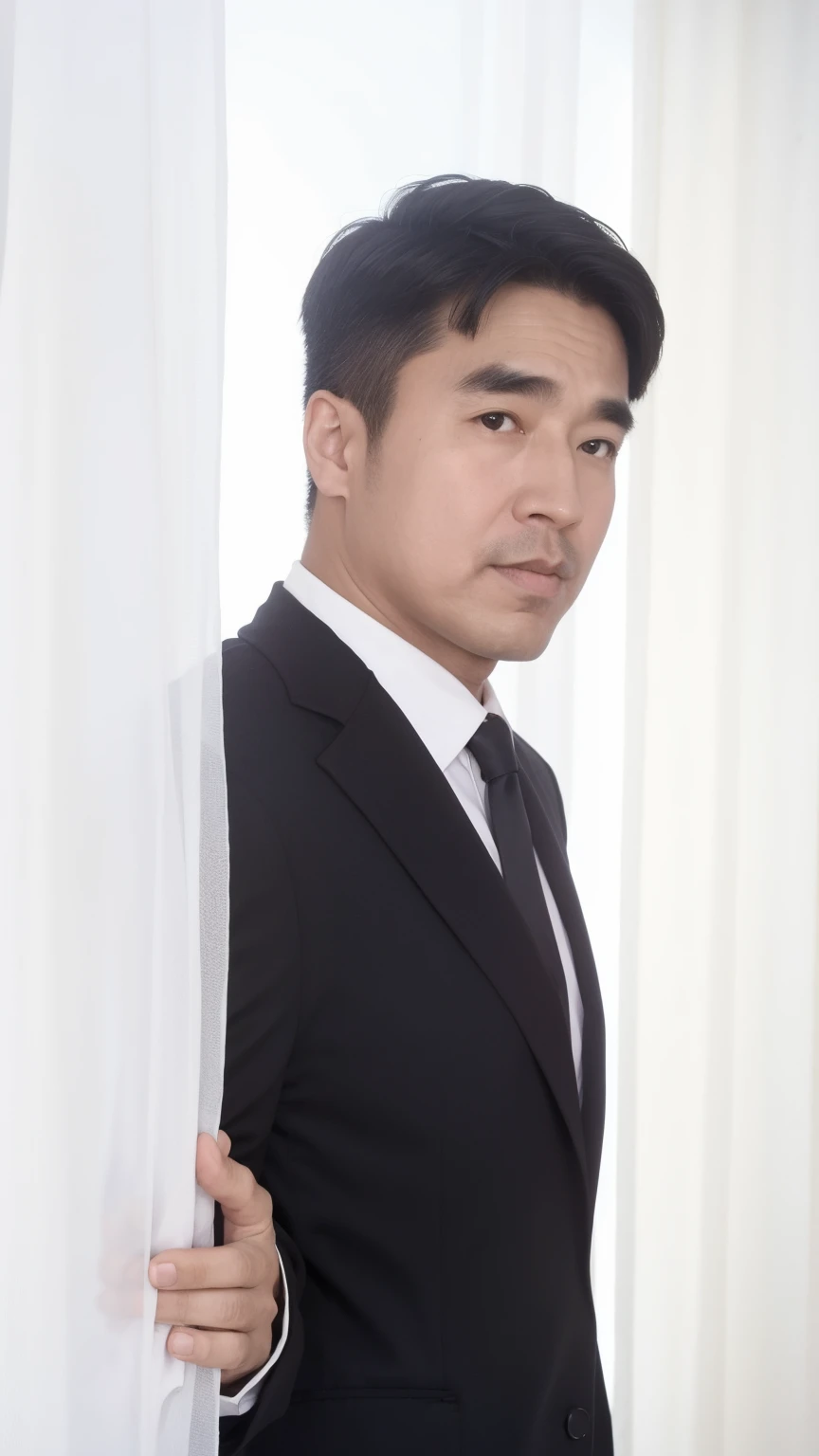 40-year-old male， Soft headlight，High-density imaging，（Clean and delicate face），((Black suit))，((Various dynamic poses))，((((Half-length photo))))，((White curtain background))，best quality，masterpiece，（Soft colors：1.2）