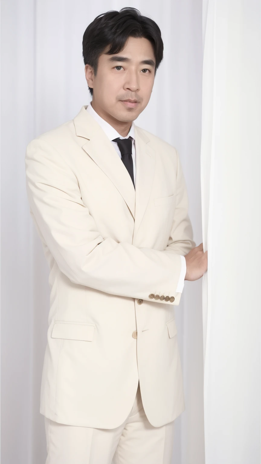 40-year-old male， Soft headlight，High-density imaging，（Clean and delicate face），((Black suit))，((Various dynamic poses))，((((Half-length photo))))，((White curtain background))，best quality，masterpiece，（Soft colors：1.2）