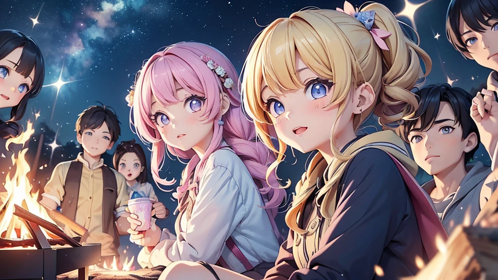 最高masterpiece、Official Art、Dynamic composition、masterpiece,Detailed face、Detailed eyes、Close-up、 (Two girls and two boys and two girls and two boys around a campfire), Idol, Big eyes, cutetech, cute, cute, pastel colour, Highest quality, Happy, Deep Background, Symmetric, Tilt your head, summer