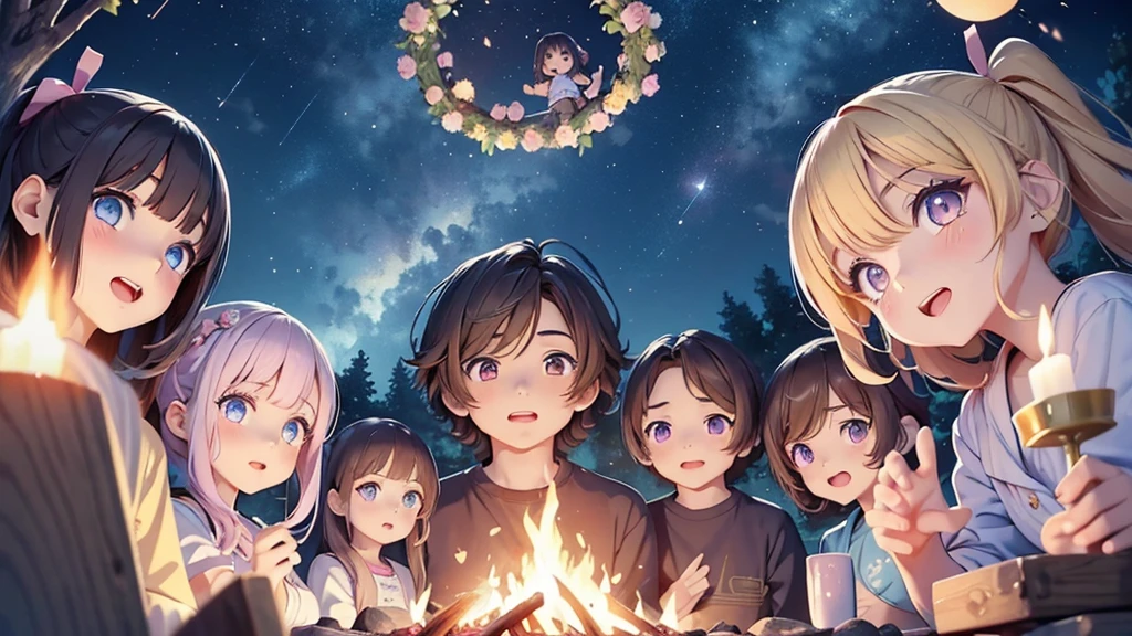 最高masterpiece、Official Art、Dynamic composition、masterpiece,Detailed face、Detailed eyes、Close-up、 (Two girls and two boys and two girls and two boys around a campfire), Idol, Big eyes, cutetech, cute, cute, pastel colour, Highest quality, Happy, Deep Background, Symmetric, Tilt your head, summer