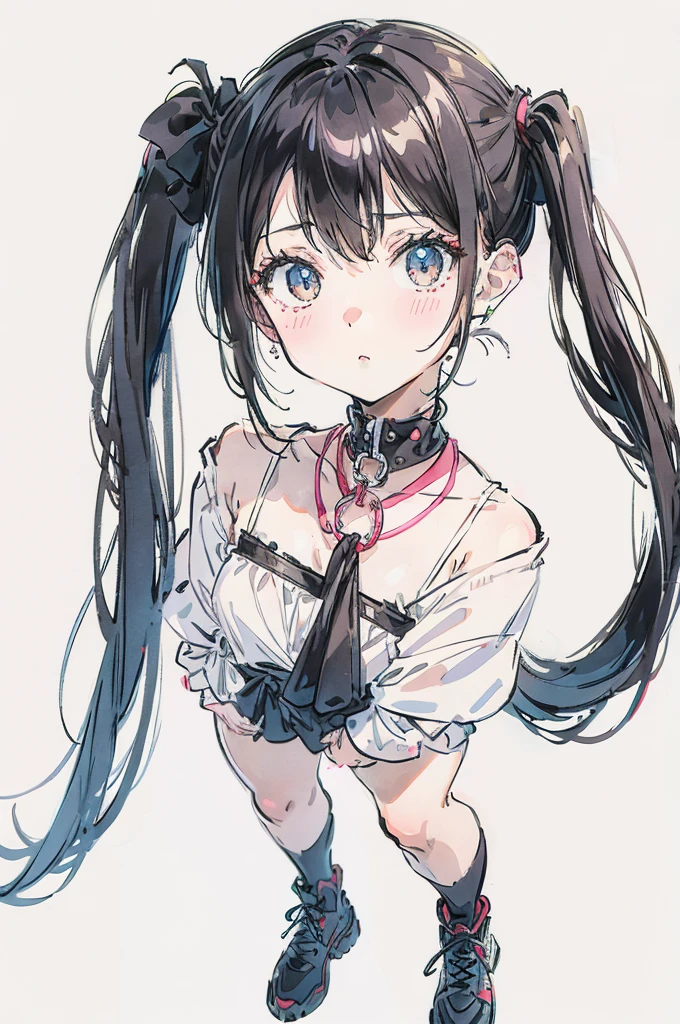 emo girl, white background, fullbody, half up pigtails