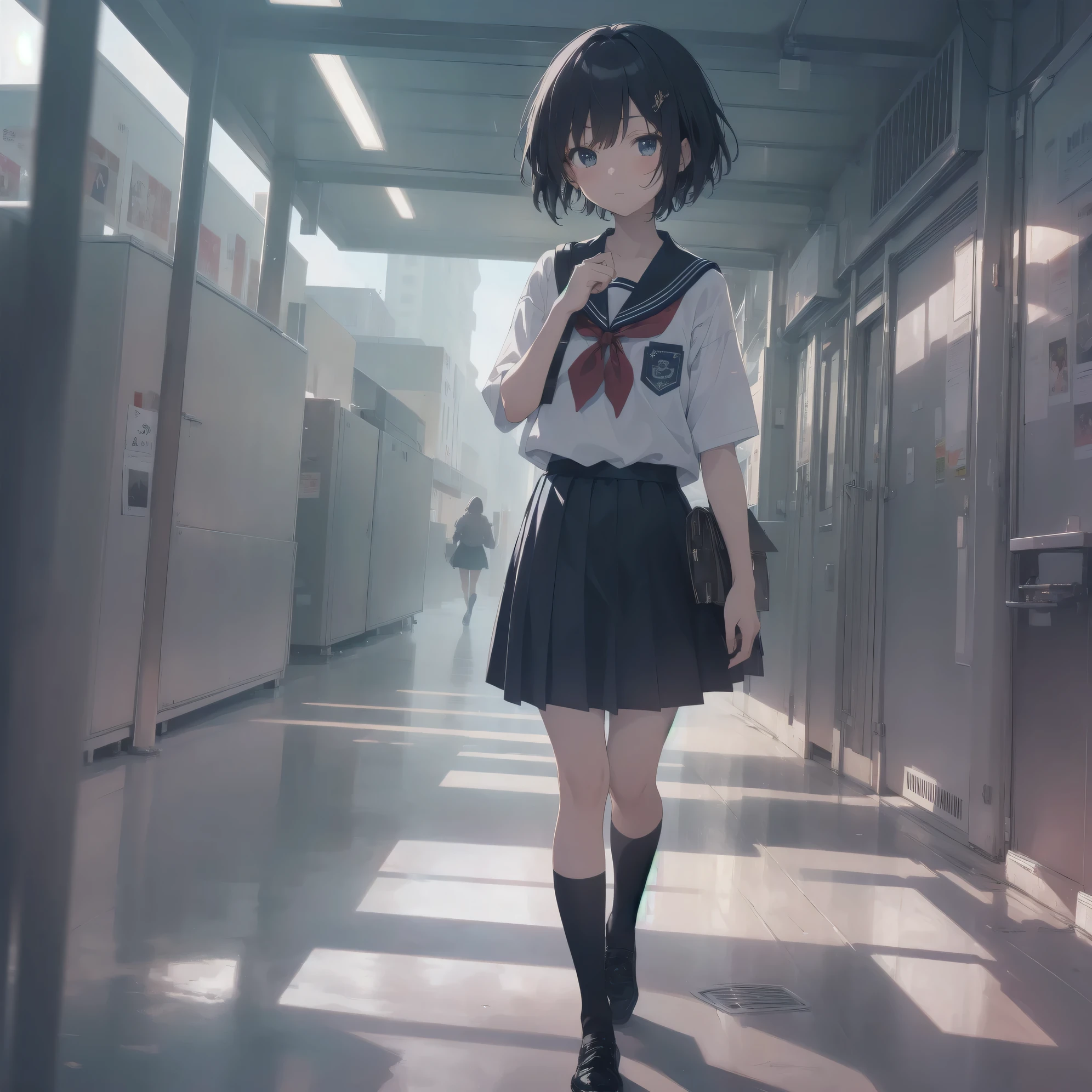 ultra-absurdres-Top quality by artist God, ultra-detailed, high resolution, anime moe artstyle, best anime 8k konachan wallpaper, pixiv contest winner, pool:2810, perfect anatomy,break, 1girl, (Please draw a girl walking sleepily to school alone. )break,(Solo,little female, 13-year-old:1.3),Full limbs, complete fingers,a junior high school student, (very short hair), short cut, flat chest, , small butt, small black eyes, beautiful detailed eyes, well-proportioned iris and pupils, expressive eyes, highres detailed hair, soft expression, salor school_uniform, sailor collar, serahuku, bow, pleated skirt,(Detailed Lighting), (Detailed background), in the School commute route. break,super detailed skin, Best cinematic lighting powered by famous artist, 8k,beauty illustration,photoshop_(medium),very aesthetic,break,((artist:wa_(genryusui) )), artist:clamp ,artist:carnelian ,artist:kantoku ,
