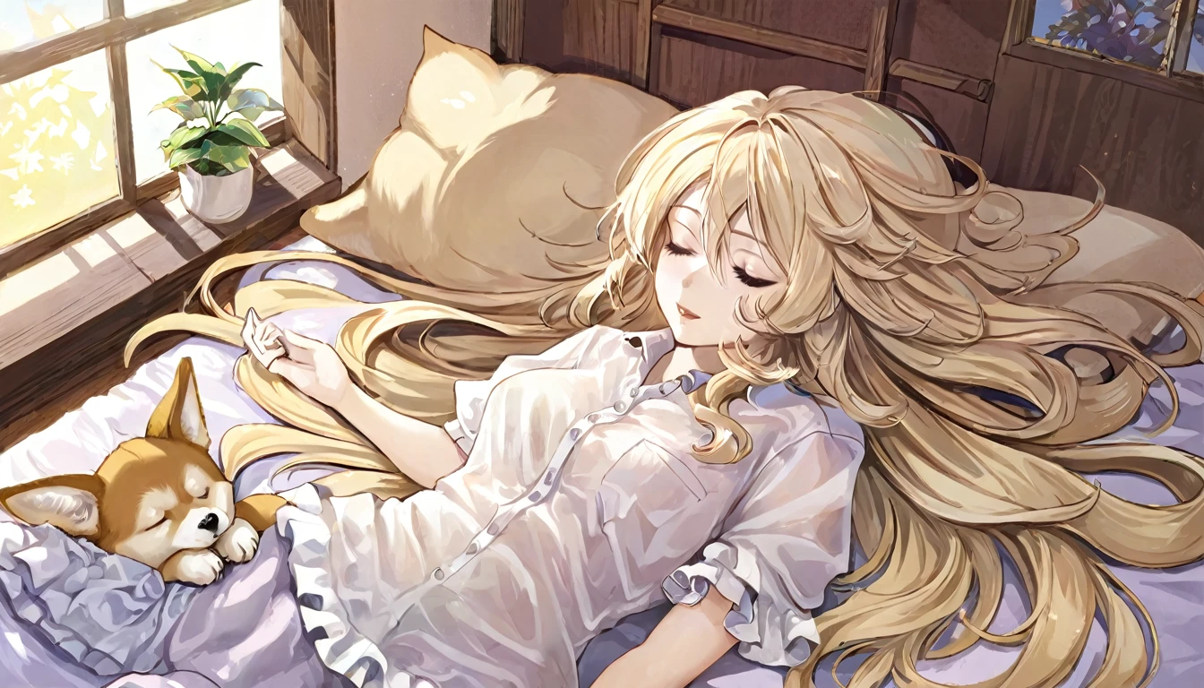 Japanese animation style、Digital illustration of an adult elf woman sleeping in a sunny bed、She is wearing a frilly shirt、Sleeping with her pet Shiba Inu、The Shiba Inu needs to sleep curled up next to her.、Relaxed facial expression、Long, loosely wavy blonde hair、Dappled sunlight coming through the window、The soft morning light shines in、Calm atmosphere、Detailed and clear drawing、Warm and gentle colors、Drawing from a top-down perspective