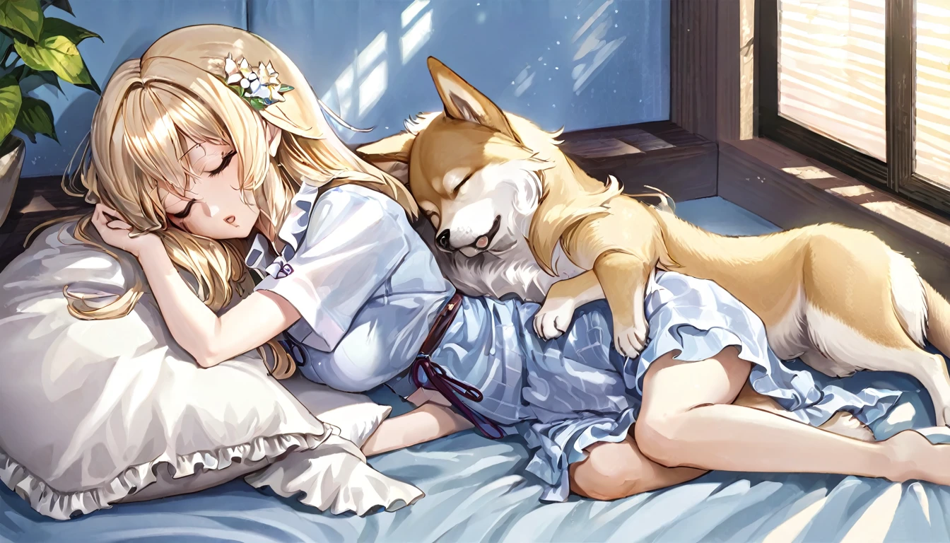 Japanese animation style、Digital illustration of an adult elf woman sleeping in a sunny bed、She is wearing a frilly shirt、Sleeping with her pet Shiba Inu、The Shiba Inu needs to sleep curled up next to her.、Relaxed facial expression、Long, loosely wavy blonde hair、Dappled sunlight coming through the window、The soft morning light shines in、Calm atmosphere、Detailed and clear drawing、Warm and gentle colors、Drawing from a top-down perspective