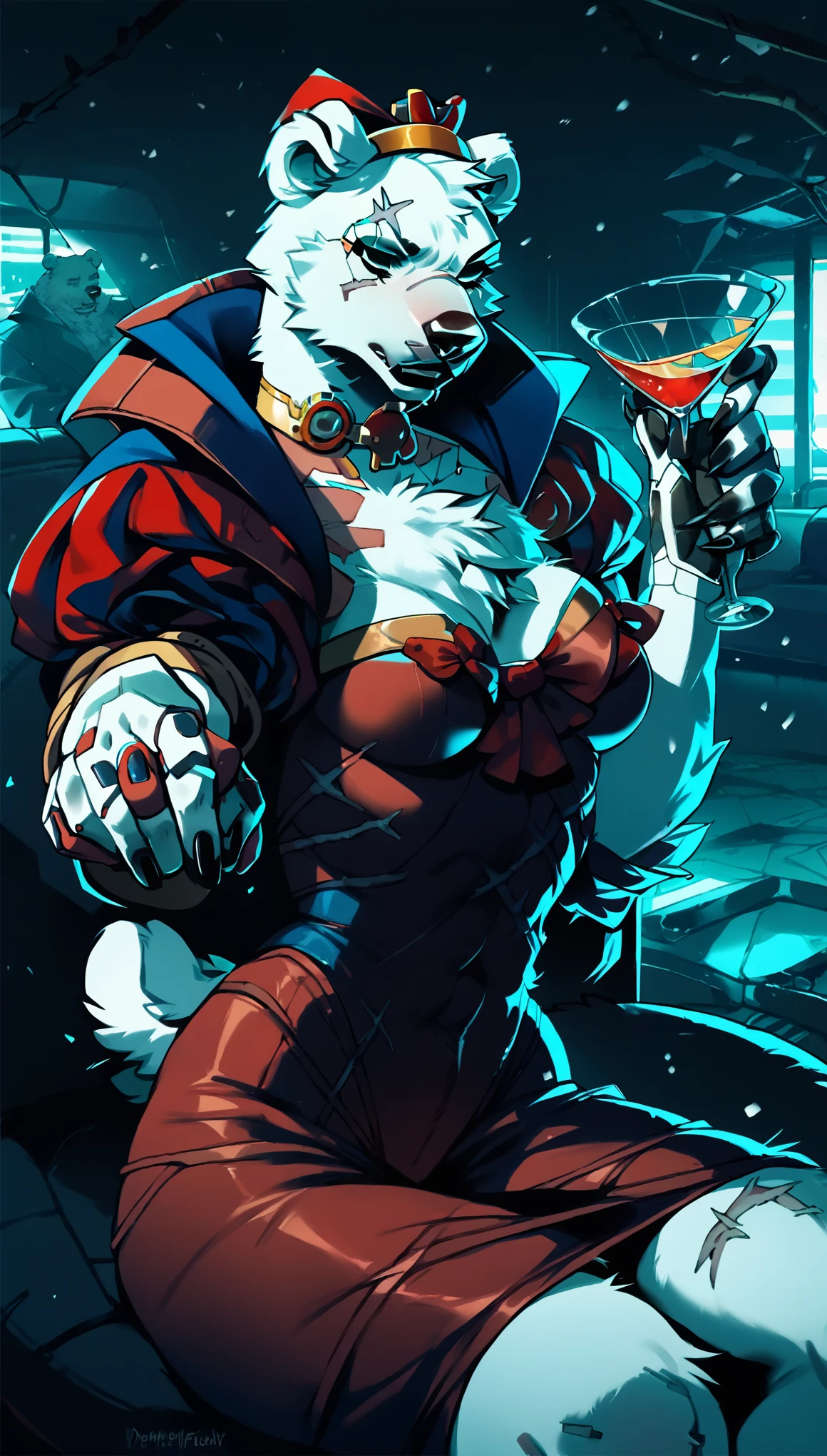 score_9, score_8_up, score_7_up, (cyberpunk city, brothel room, casino brothel:1.35),
((Polar bear:1.35), anthro, solo, female, sitting in an chair, (holding in hand, glass of vine), ((wearing luxury dress, the mistress of the brothel)), ((snow white fur:1.35)), (deep scars:1.35), beautiful, (have cyberpunk additions:1.35)
