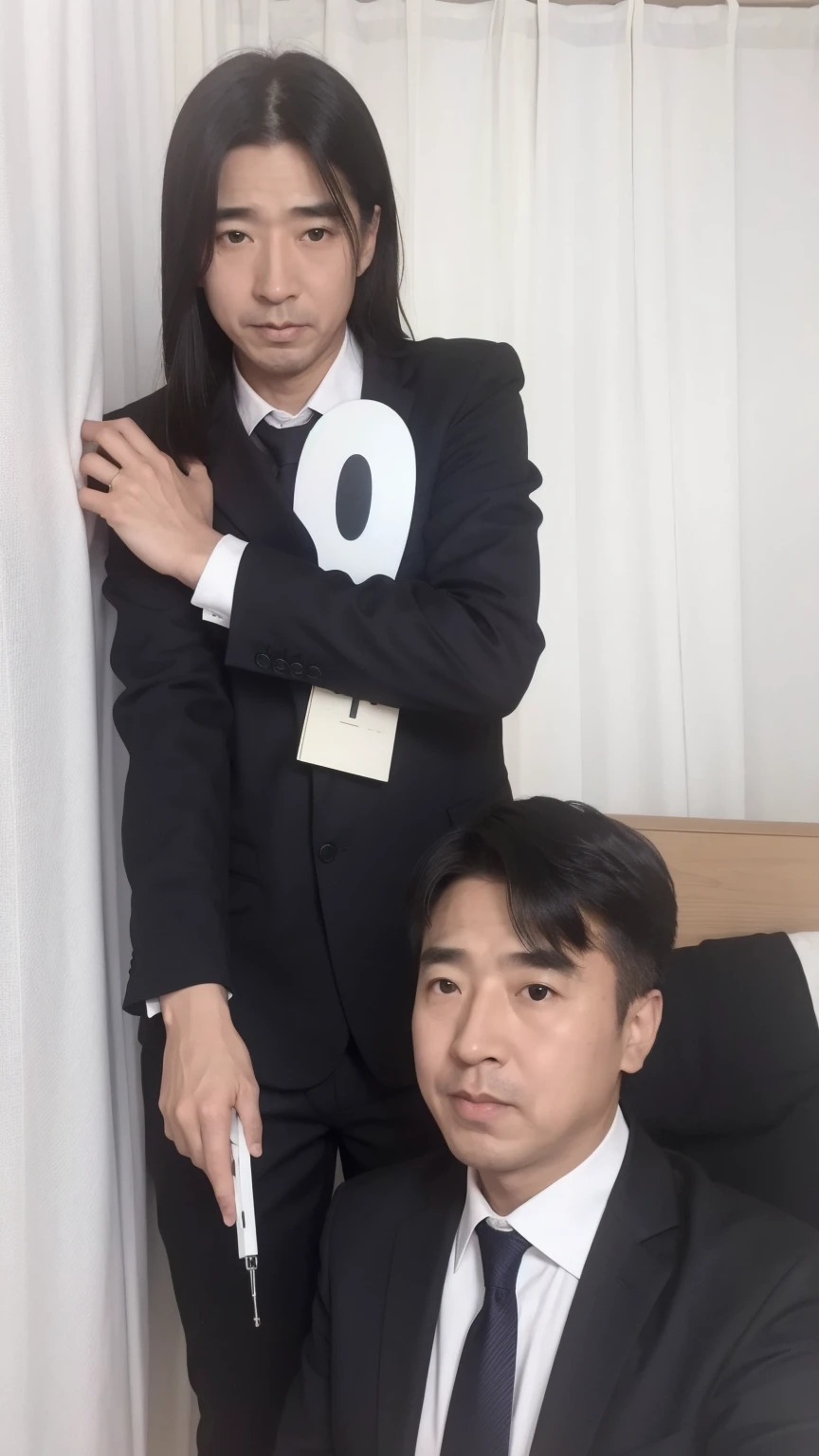 40-year-old male, Soft headlight,High-density imaging,(Thin face),((Black suit)),((Various dynamic poses)),((((Half-length photo)))),((Background is white curtain)),best quality,masterpiece,(Soft colors:1.2)
