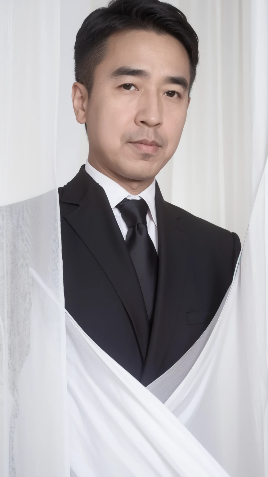 40-year-old male， Soft headlight，High-density imaging，（Thin face），((Black suit))，((Various dynamic poses))，((((Half-length photo))))，((Background is white curtain))，best quality，masterpiece，（Soft colors：1.2）