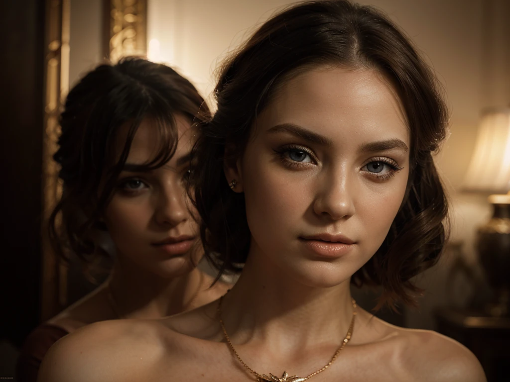 A chiaroscuro portrait of a woman, beautiful detailed eyes, beautiful detailed lips, extremely detailed eyes and face, long eyelashes, porcelain skin, elegant hairstyle, intricate jewelry, dramatic lighting, Renaissance style, dramatic shadows, warm golden tones, dramatic chiaroscuro lighting, ultra-detailed, 8k, photorealistic, masterpiece, cinematic, dramatic atmosphere, elegant and regal