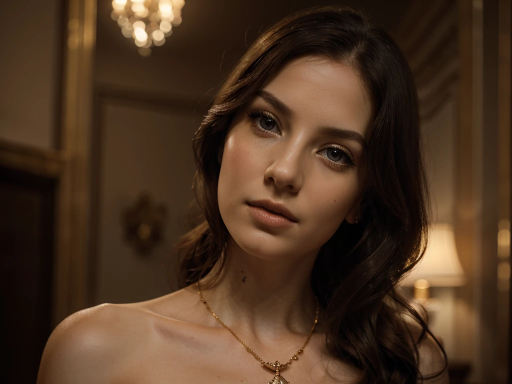 A chiaroscuro portrait of a woman, beautiful detailed eyes, beautiful detailed lips, extremely detailed eyes and face, long eyelashes, porcelain skin, elegant hairstyle, intricate jewelry, dramatic lighting, Renaissance style, dramatic shadows, warm golden tones, dramatic chiaroscuro lighting, ultra-detailed, 8k, photorealistic, masterpiece, cinematic, dramatic atmosphere, elegant and regal