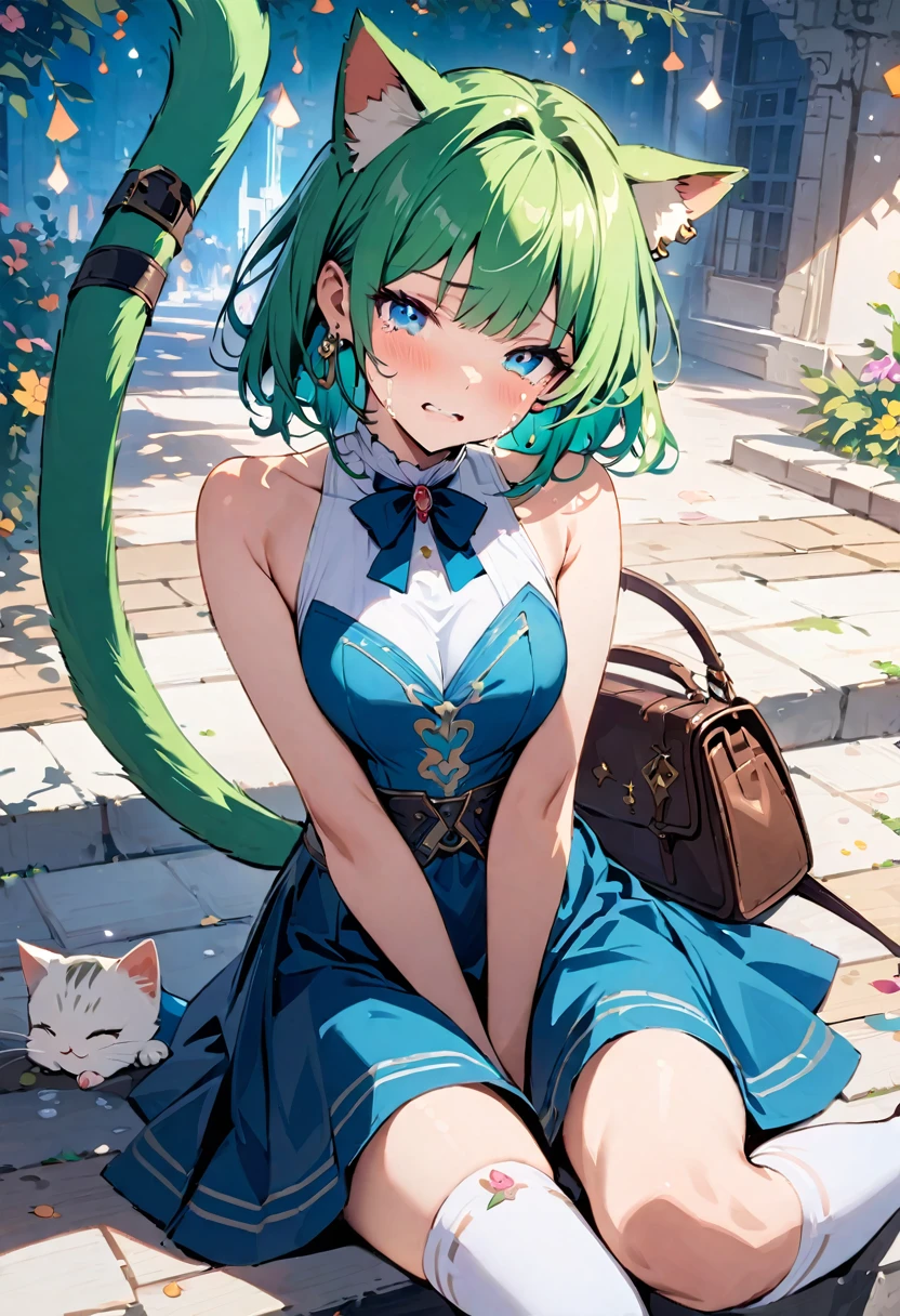 masterpiece, Highest quality, Illustrations for novels, High resolution, 18+ Adult content, Sensual, Intimate, Emotional, Passionate, romantic, sweet, Adorable, Innocent, Pure, Enchanting, Enchantingな, attractive, mysterious, Enchantingな, Enchanting, Immersive, Enchantingな, dream-like, Surreal, Imaginative, Whimsical, Artistic, Avant-garde, timeless, elegant, Sophisticated, chic, Sophisticated, Individuality, original, Enchantingな,One girl,Deltamon_beta, alone, blue eyes, Knee socks, Animal ears, Bare shoulders, Blue Tail, Earrings,Removable sleeves, Green Hair, No sleeve, Cat ear, bag, white Knee socks, Cat's Tail,pink backpack,Pink school bag,(Cheetah Dress:1.3), Paired with ivory tights and Mary Jane shoes.
rest ((Avoidance method ((kitten)), Crying face))