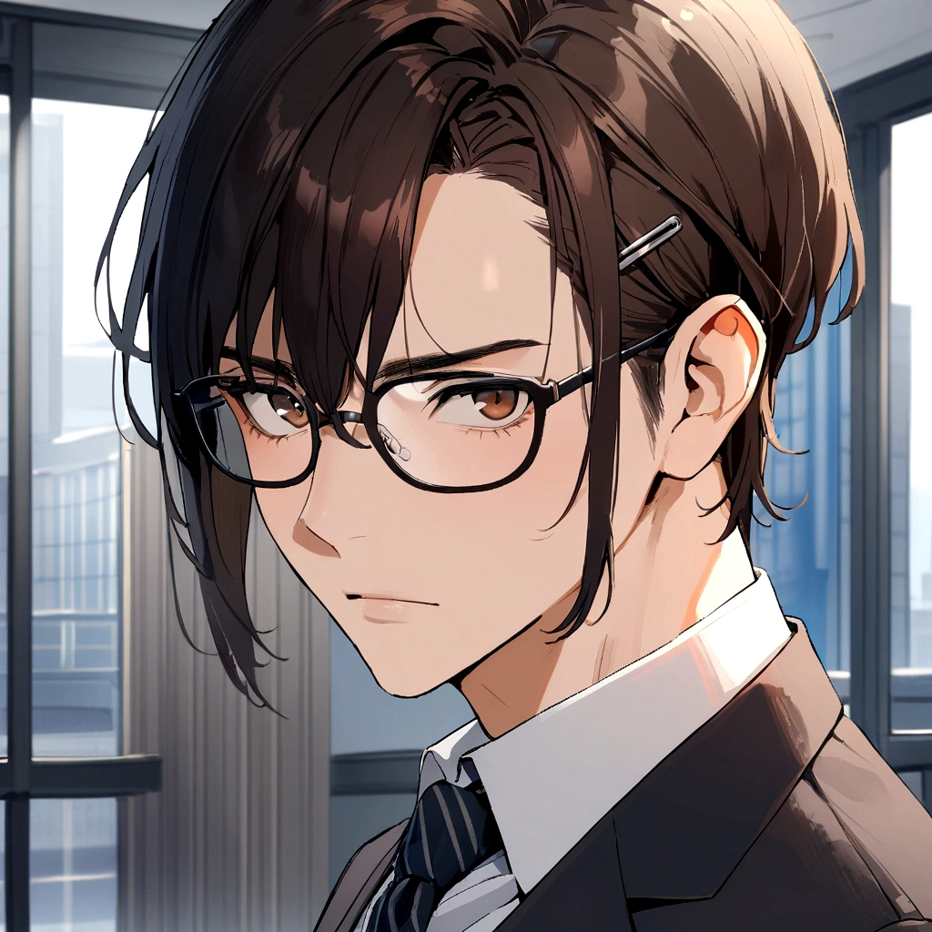 1boy, Suits, Dark hair, side part hair, Brown Eyes, hairclip, glasses, Office Background,