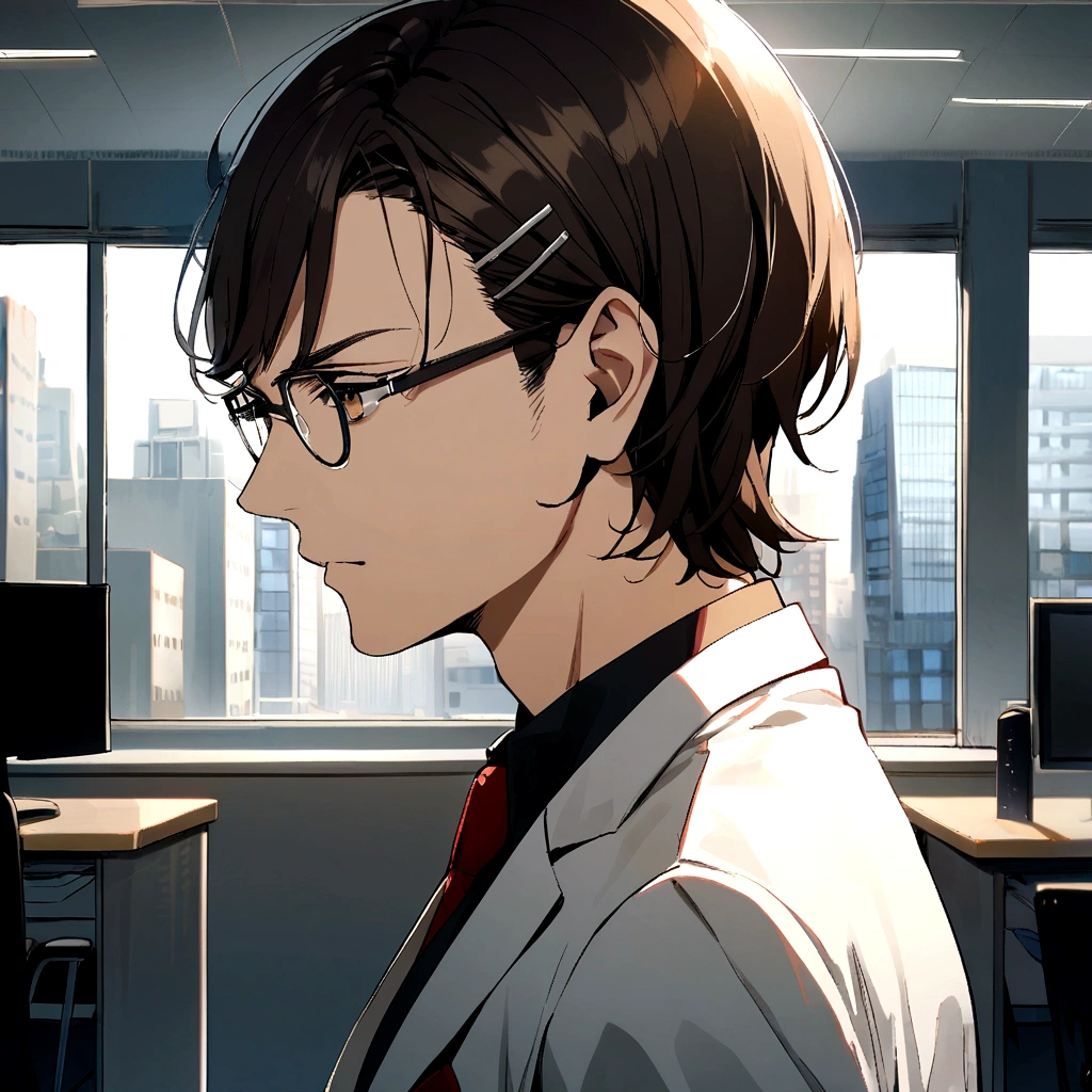 1boy, Suits, Dark hair, side part hair, Brown Eyes, hairclip, glasses, Office Background, 
