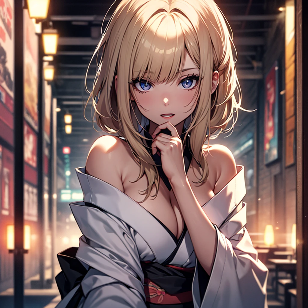 (1girl:1.3), Masterpiece, Best quality, amazing beauty, [[3D]], 4K, absurdres, finely detail, super detailed eye, perfect anatomy, official art, cinematic lighting, BREAK, bathroom, silky pixie cut, blunt bangs, ahoge, blonde, super shiny detailed black eye, big eyes, tareme, sparkle(in the eyes), thin eyebrow, looking away, open-mouth, plump lips, Mascara, False eyelashes, pink lips, eyewear, Excited, BREAK , big breasts, tall, slender, pale skin, Straddling a chair , BREAK , (bare shoulders:1.2), (Cleavage is visible:1.2), BREAK,(kimono:1.3)