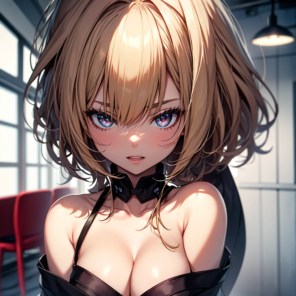 (1girl:1.3), Masterpiece, Best quality, amazing beauty, [[3D]], 4K, absurdres, finely detail, super detailed eye, perfect , official art, cinematic lighting, BREAK, bathroom, silky pixie cut, blunt bangs, ahoge, blonde, super shiny detailed black eye, big eyes, tareme, sparkle(in the eyes), thin eyebrow, looking away, open-mouth, plump lips, Mascara, False eyelashes, pink lips, eyewear, Excited, BREAK , big breasts, tall, slender, pale skin, Straddling a chair , BREAK , ( shoulders:1.2), (Cleavage is visible:1.2), BREAK,(kimono:1.3)