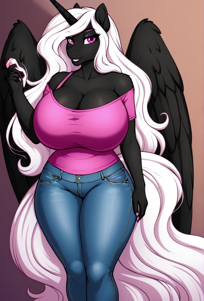  Alicorn , white mane, ,black fur color  long flowing  mane pink  eyes anthro ????????????  jeans,???? ,perfect body 
