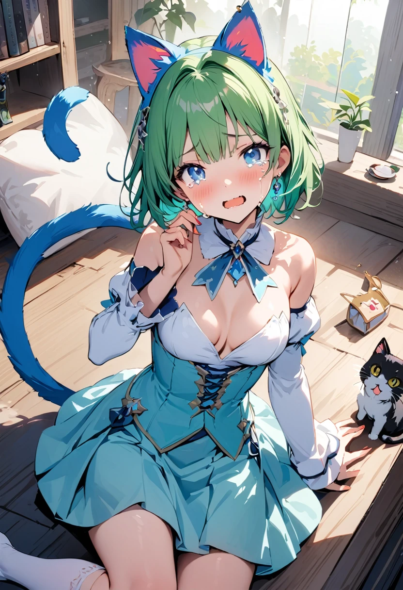 masterpiece, Highest quality, Illustrations for novels, High resolution,  , Sensual, Intimate, Emotional, Passionate, romantic, sweet, Adorable, Innocent, Pure, Enchanting, Enchantingな, attractive, mysterious, Enchantingな, Enchanting, Immersive, Enchantingな, dream-like, Surreal, Imaginative, Whimsical, Artistic, Avant-garde, timeless, elegant, Sophisticated, chic, Sophisticated, Individuality, original, Enchantingな,One girl,Deltamon_beta, alone, blue eyes, Knee socks, Animal ears,  shoulders, Blue Tail, Earrings,Removable sleeves, Green Hair, No sleeve, Cat ear, bag, white Knee socks, Cat's Tail,pink backpack,Pink school bag,(Cheetah Dress:1.3), Paired with ivory tights and Mary Jane shoes.
rest ((Avoidance method ((kitten)), Crying face))