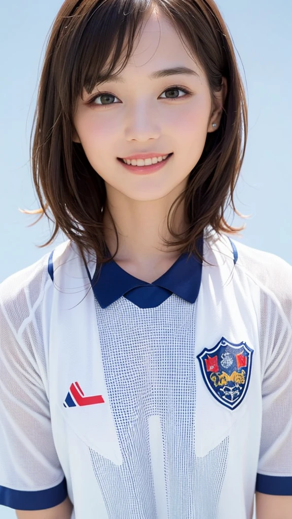 (highest quality、8k、32k、masterpiece)、(Realistic)、(Realistic:1.2)、(High resolution)、Very detailed、Very beautiful face and eyes、1 girl、Round and small face、Tight waist、Delicate body、(close、highest quality、Attention to detail、Rich skin detail)、(highest quality、8k、Oil paints:1.2)、(Realistic、Realistic:1.37)、Bright colors、(((Light Brown Hair)))、(((Upper Body Shot)))、(((Medium Hair)))looks fun、(((White wall background)))、(((Happy expression)))、smile、(((Brown Hair)))、(((Soccer uniforms)))、(((青と白のSoccer uniforms)))、(((Blue uniform)))、touching my head、