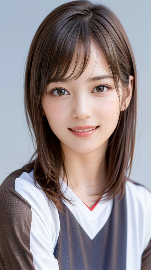 (highest quality、8k、32k、masterpiece)、(Realistic)、(Realistic:1.2)、(High resolution)、Very detailed、Very beautiful face and eyes、1 girl、Round and small face、Tight waist、Delicate body、(close、highest quality、Attention to detail、Rich skin detail)、(highest quality、8k、Oil paints:1.2)、(Realistic、Realistic:1.37)、Bright colors、(((Light Brown Hair)))、(((Upper Body Shot)))、(((Medium Hair)))looks fun、(((White wall background)))、(((Happy expression)))、smile、(((Brown Hair)))、(((Soccer uniforms)))、(((青と白のSoccer uniforms)))、(((Blue uniform)))、touching my head、