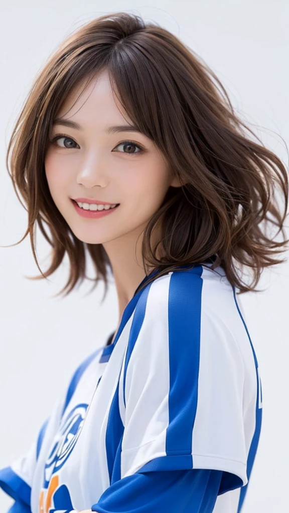 (highest quality、8k、32k、masterpiece)、(Realistic)、(Realistic:1.2)、(High resolution)、Very detailed、Very beautiful face and eyes、1 girl、Round and small face、Tight waist、Delicate body、(close、highest quality、Attention to detail、Rich skin detail)、(highest quality、8k、Oil paints:1.2)、(Realistic、Realistic:1.37)、Bright colors、(((Light Brown Hair)))、(((Upper Body Shot)))、(((Medium Hair)))looks fun、(((White wall background)))、(((Happy expression)))、smile、(((Brown Hair)))、(((Soccer uniforms)))、(((青と白のSoccer uniforms)))、(((Blue uniform)))、touching my head、