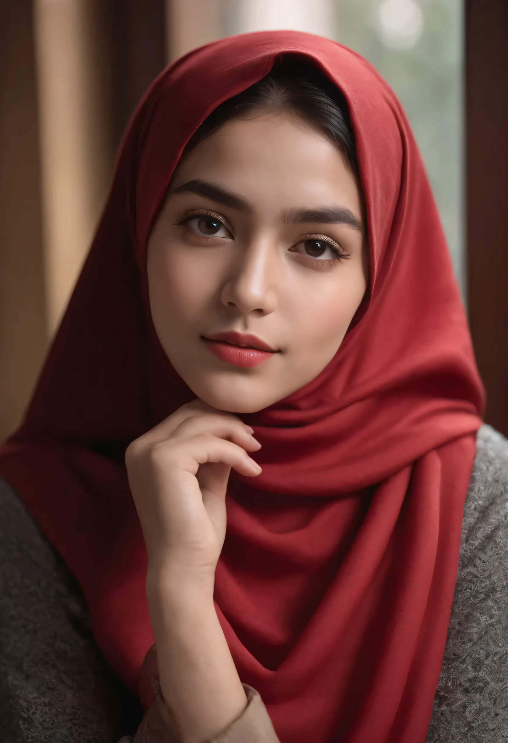 Photo portrait of a beautiful Bandung girl wearing a hijab and dimples, around 17 years old, (plain red hijab), (portrait medium shot:1.3), dramatic light, Rembrandt lighting scheme, (hyperrealism:1.2), (8K UHD: 1.2), ( photorealistic:1.2), shot with Canon EOS 5D Mark IV,  detail, skin texture detail. sitting on the chair reading a book