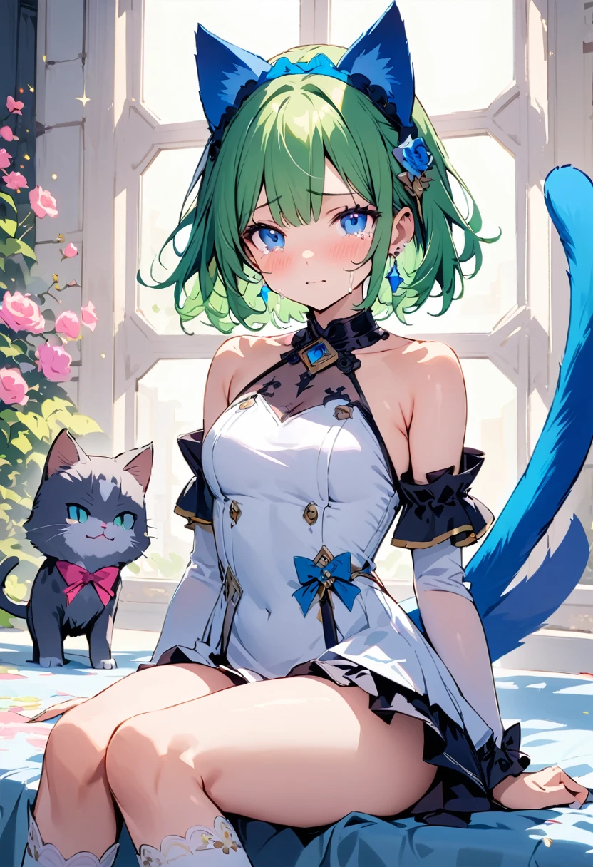 masterpiece, Highest quality, Illustrations for novels, High resolution, 18+ Adult content, Sensual, Intimate, Emotional, Passionate, romantic, sweet, Adorable, Innocent, Pure, Enchanting, Enchantingな, attractive, mysterious, Enchantingな, Enchanting, Immersive, Enchantingな, dream-like, Surreal, Imaginative, Whimsical, Artistic, Avant-garde, timeless, elegant, Sophisticated, chic, Sophisticated, Individuality, original, Enchantingな,One girl,Deltamon_beta, alone, blue eyes, Knee socks, Animal ears, Bare shoulders, Blue Tail, Earrings,Removable sleeves, Green Hair, No sleeve, Cat ear, bag, white Knee socks, Cat&#39;s Tail,pink backpack,Pink school bag,(Cheetah Dress:1.3), Paired with ivory tights and Mary Jane shoes.
rest ((Avoidance method ((kitten)), Crying face))