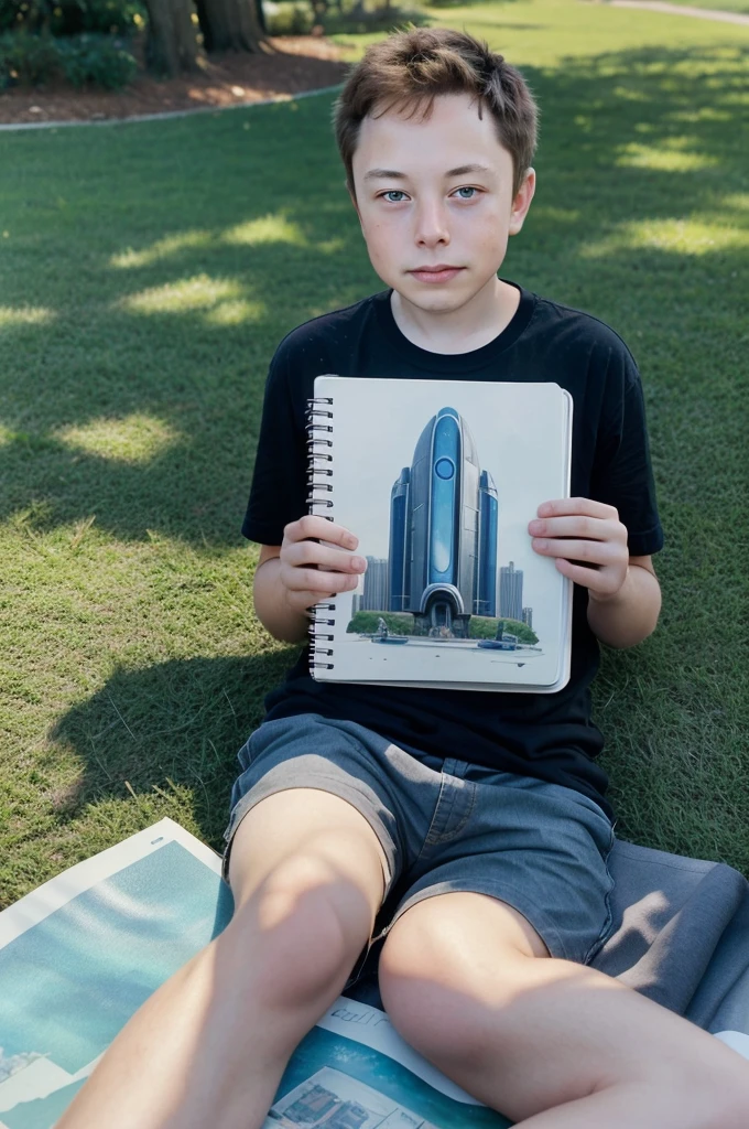 Nurturing Creativity: A young Elon Musk, around 12 years old, lying on the grass in a park, gazing at the sky with a dreamy expression, sketchbook in hand, filled with futuristic drawings of spaceships and advanced cities.