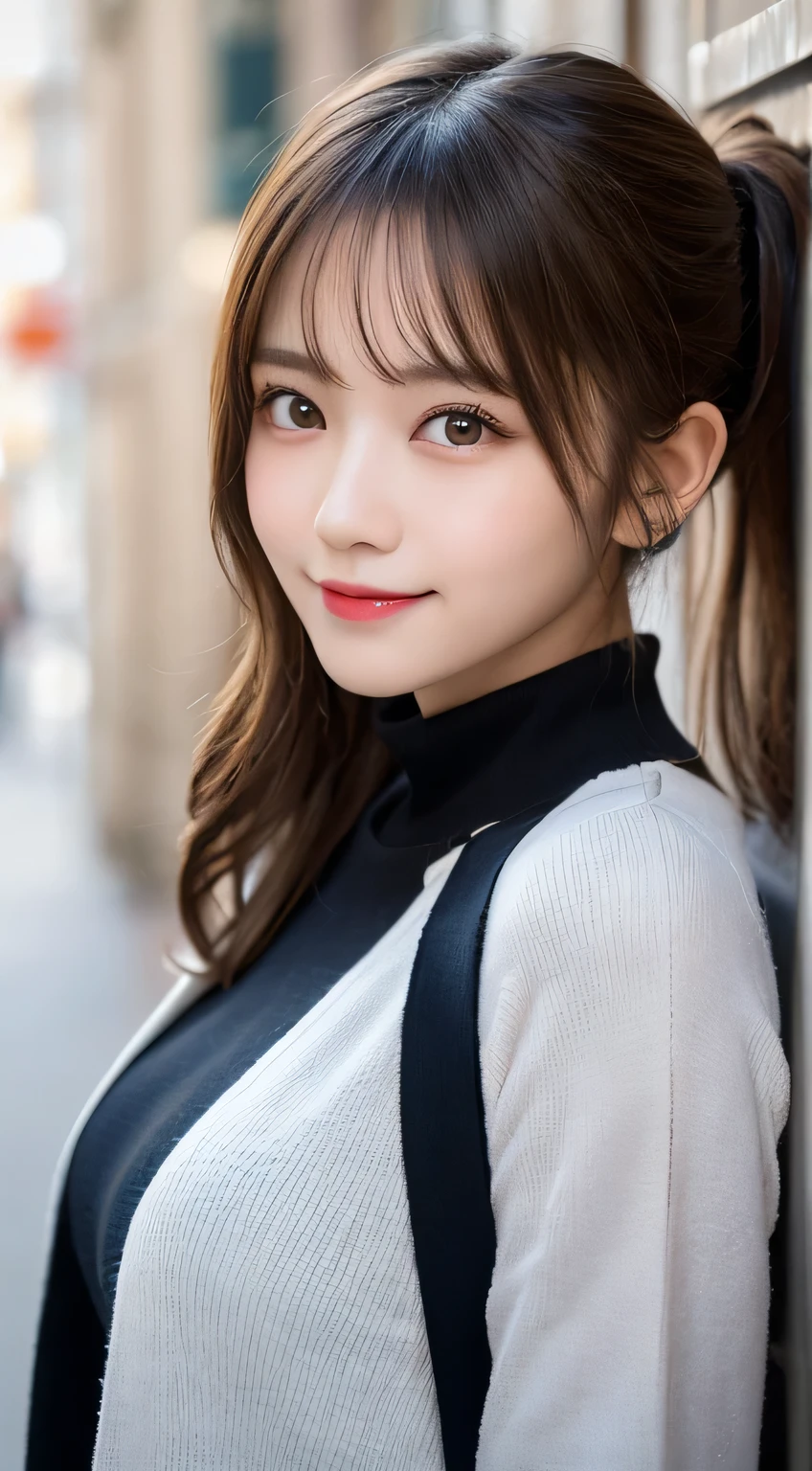 Tabletop, Highest quality, shape, Very detailed, finely, High resolution, 8k wallpaper, Perfect dynamic composition, Finely beautiful eyes, Elegant and gorgeous winter clothes,ponytail,Small breasts Natural color Lips, Bold sexy pose,smile,harajuku、20-year-old girl、cute、sexy shot looking at camera、 (Get closer to the face, Make your face bigger, Face Focus:1.0), BREAK, (masterpiece, Highest quality, Very detailed, Detailed face, 8K)、ＴWearing a shirt