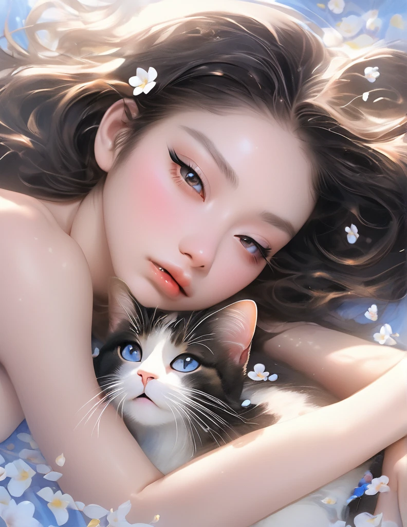 (Hisashi Eguchi style:1.2) , Hallucination, daydream , nightmare , Insane Dream , bokeh , erotica , romance , nudity girl , Petals fluttering down , (Single eyelids, round nose, swollen cheeks) , glossy lips , Collarbone , Hair blowing in the wind , Goddess of lust , lying back , (hide crotch by cats:1.2) , (hide nipple by cats:1.2) , (close up cat) , spread legs , bra