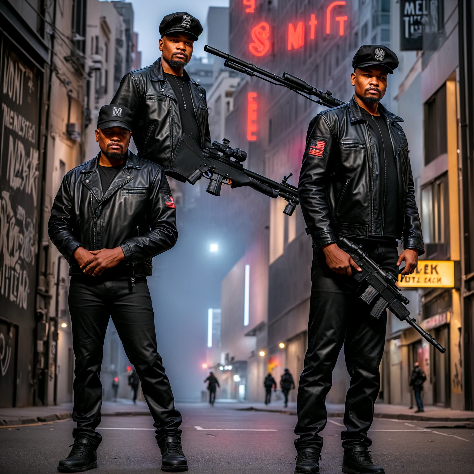 Man standing with a sniper, black cap with the word MKZ, black leather jacket, brawny, street graffiti background, call the surroundings