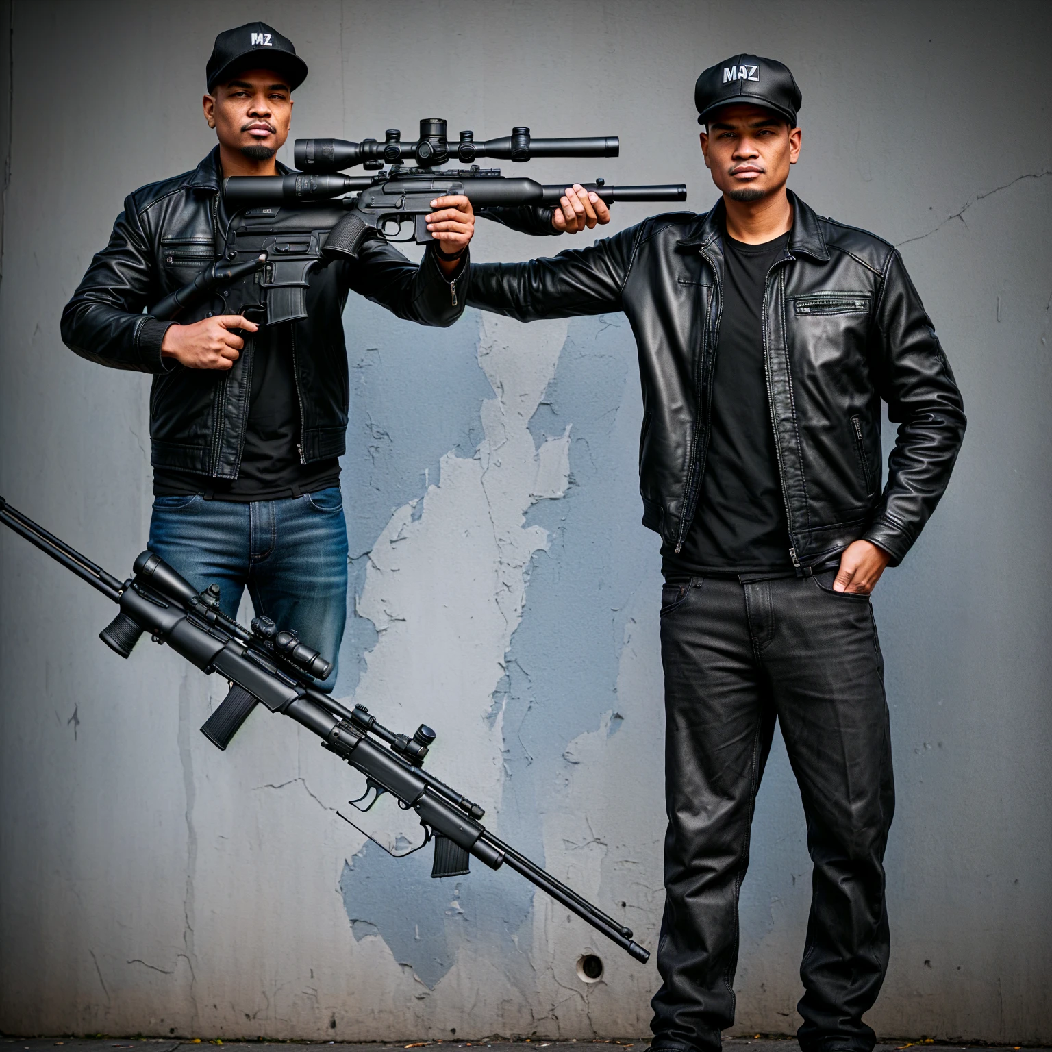 Man standing with a sniper, black cap with the word MKZ, black leather jacket, brawny, street graffiti background, call the surroundings