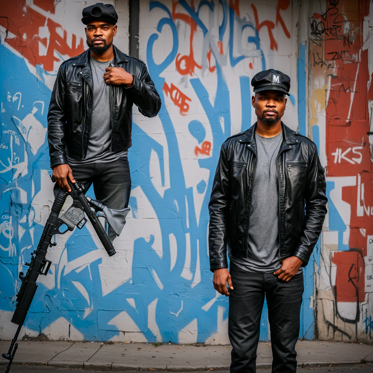 Man standing with a sniper, black cap with the word MKZ, black leather jacket, brawny, street graffiti background, call the surroundings
