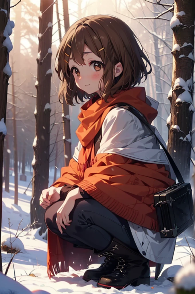 yuihirasawa, Yui Hirasawa, short hair, Brown Hair, hair ornaments, (Brown eyes:1.5), Hair Clip、smile,smile,blush,White Breath,
Open your mouth,snow,Ground bonfire,, Outdoor, boots, snowing, From the side, wood, suitcase, Cape, Blurred, , forest, White handbag, nature,  Squat, Mouth closed, Cape, winter, Written boundary depth, Black shoes, red Cape break looking at viewer, Upper Body, whole body, break Outdoor, forest, nature, break (masterpiece:1.2), Highest quality, High resolution, unity 8k wallpaper, (shape:0.8), (Beautiful and beautiful eyes:1.6), Highly detailed face, Perfect lighting, Extremely detailed CG, (Perfect hands, Perfect Anatomy),