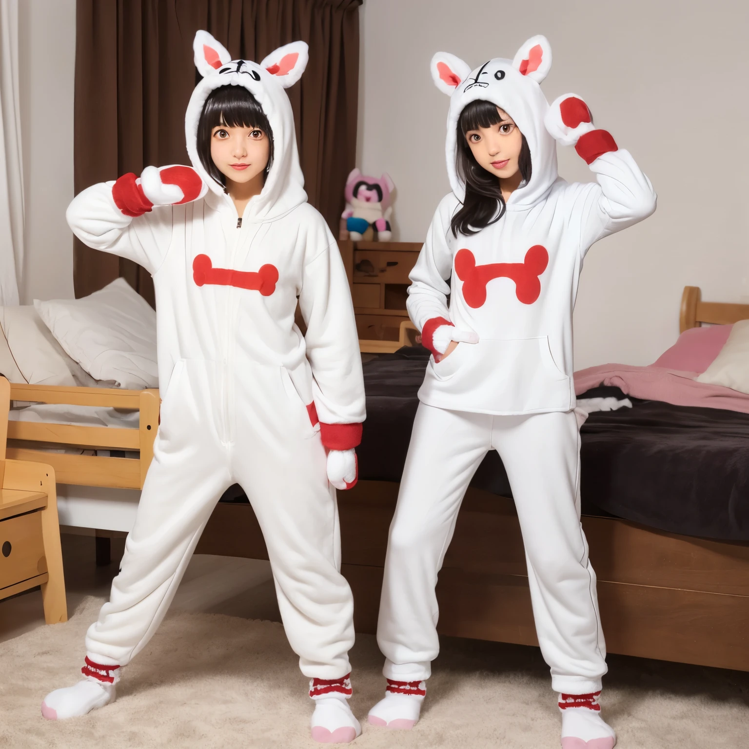 girl, (kigurumi:1.2), (White mittens:1.35), whole body, Sweat pants, (stand:1.3), (Short socks:1.2), Bedroom