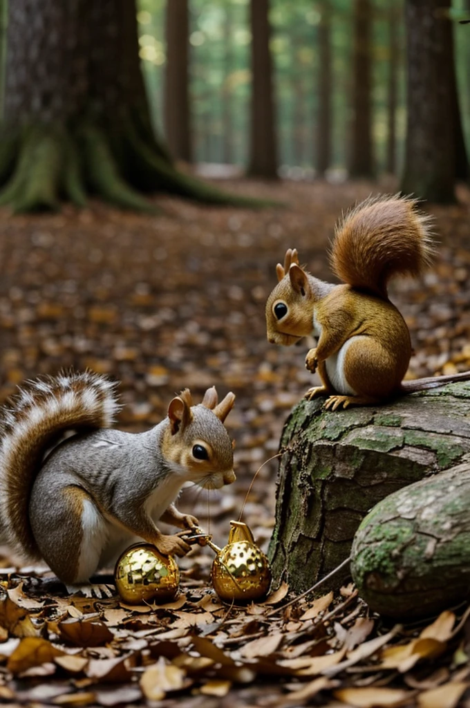 Nutty discovering a shiny, golden acorn on the forest floor. Characters: Nutty the squirrel. Caption: "Nutty loved exploring, and one day he found a shiny, golden acorn."