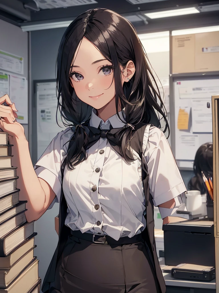 1 girl, Solo, 35 years old, Best Quality, Ultra-detailed, 8K, High resolution, Detailed face, from below, black hair, (((half up))), light smile, happy, (((office leady, office uniform, vest, bowtie, pencil skirt, ID card))), in the office, holding a bundle of papers,